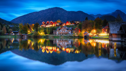Fototapeta premium Grundlsee lake in Alps mountains. Night scene