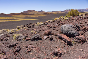 Field of desert rocks. Long extension of volcanic lava of varied colors.