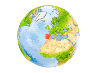 Spain on globe isolated