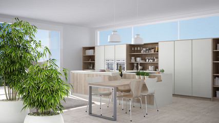 Zen interior with potted bamboo plant, natural interior design concept, modern white kitchen with wooden details