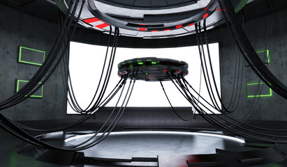 Futuristic and Sci-Fi design spaceship interior with blank white screen background . 3d illustration rendering . © jamesteohart