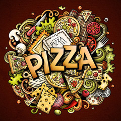 Cartoon cute doodles Pizza word. Colorful illustration
