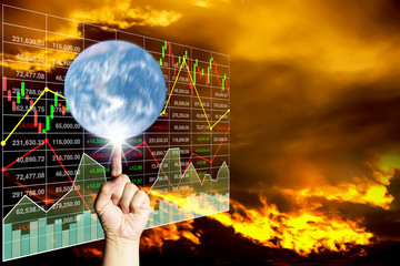 Finger spin the earth on analysis of stock data background chart.The manipulation of stock...