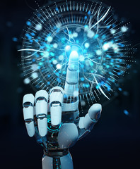 White cyborg hand using digital eye surveillance hologram 3D rendering