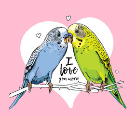 Obraz premium Two Beautiful little green and blue Wavy Parrots kiss on a pink heart background. Vector illustration.