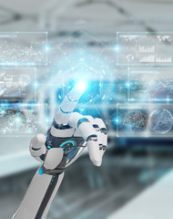 White cyborg hand using digital datas interface 3D rendering