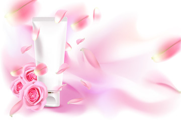Advertising poster for cosmetic product with rose for catalog, magazine. Vector design of cosmetic package. Perfume advertising poster.Moisturizing toner, cream, gel, body lotion with rose extract .