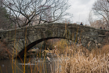 Fototapeta na wymiar A stone bridge over a river in the winter in Central Park