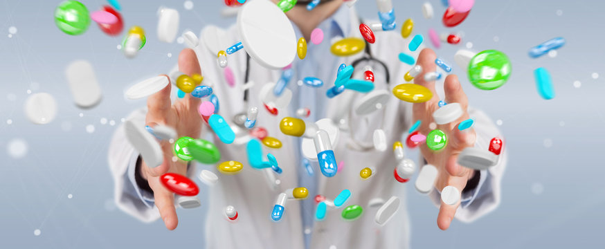 Doctor giving colorful pills for treatment 3D rendering
