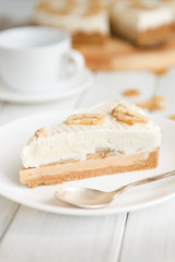 Delicious banana cake on table