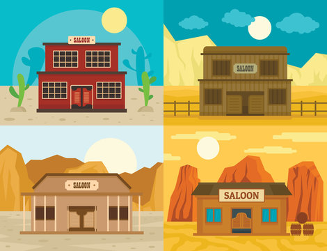 Saloon pub wild west banner concept set. Flat illustration of 4 Saloon pub wild west vector banner concepts for web