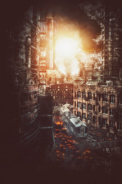 Catastrophic city explosion with burning debris