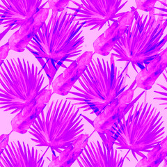 Obraz premium Modern Cool Banana, Fan Leaves Textile, Seamless Tropical Watercolor Pattern. Botanical Grunge Textile Design Jungle Hipster Summer Background. Hand Drawn Jungle Leaves, Tropical Watercolour Pattern.