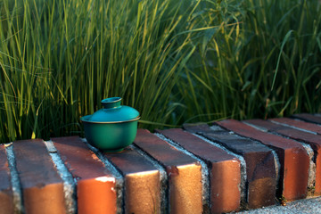 tea with Orange slice in a traditional Japanese cup or bowl with a lid