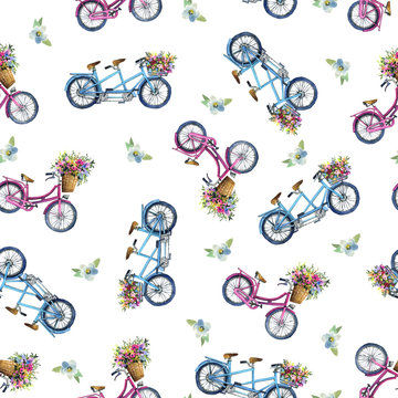 eamless pattern with bicycles and flowers