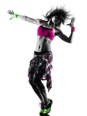 one caucasian woman zumba fitness exercises dancer dancing isolated in silhouette on white background