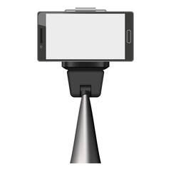 Smartphone on selfie stick mockup. Realistic illustration of smartphone on selfie stick vector mockup for web design isolated on white background
