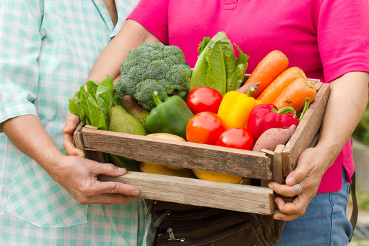 Two woman are carry Homemade fresh organic vegetable full in wooden box ready to delivery to fresh market. Concept fresh product, organic vegetable, small business, gardening