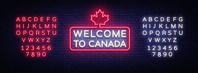 Welcome to Canada Neon Sign Vector. Welcome to Canada symbol banner light, bright night Illustration. Vector illustration. Editing text neon sign