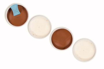 Creative picture of chocolate and vanilla ice cream on a white background