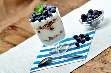 Greek yoghurt with oatmeal and fresh blueberries in a glass