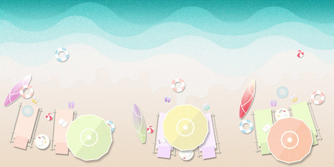 Daybed, colorful beach umbrellas,life rings and more for beach vacation - Illustration