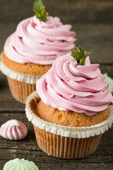 Closeup of cupcakes with vanilla, berries, pink and white cream, chocolate and sprinkles on wooden background. Selective focus. Sweet dessert tasty food concept muffin.
