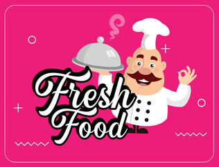 Fat Cartoon Chef fresh food background Flat Vector Illustration Design