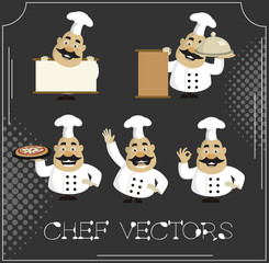 Fat Cartoon Chef vintage poses Flat Vector Illustration Design