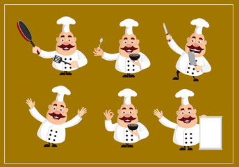 Fat Cartoon Chef many poses Flat Vector Illustration Design