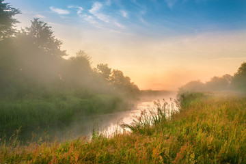 Fototapety  Foggy river in the morning. Summer misty sunrise on the river