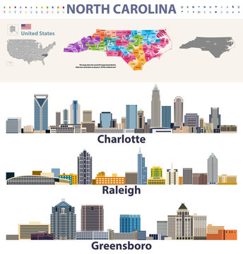 vector congressional districts map and major cities skylines of North Carolina