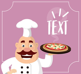 Fat Cartoon Chef holds pizza Flat Vector Illustration Design