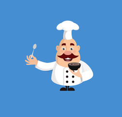 Fat Cartoon Chef tasting soup Flat Vector Illustration Design