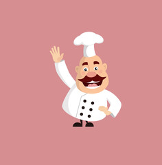 Fat Cartoon Chef saying Hi Pose Flat Vector Illustration Design