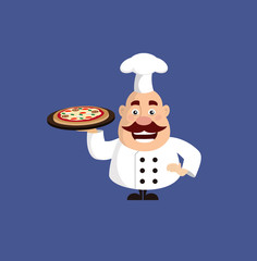 Fat Cartoon Chef holding pizza Flat Vector Illustration Design