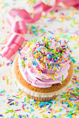 Closeup of cupcakes with vanilla, berries, pink and white cream, chocolate and sprinkles on wooden background. Selective focus. Sweet dessert tasty food concept muffin.