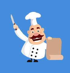 Fat Cartoon Chef holding list and knife Flat Vector Illustration Design