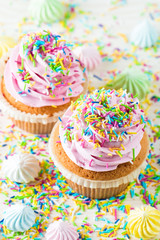 Closeup of cupcakes with vanilla, berries, pink and white cream, chocolate and sprinkles on wooden background. Selective focus. Sweet dessert tasty food concept muffin.