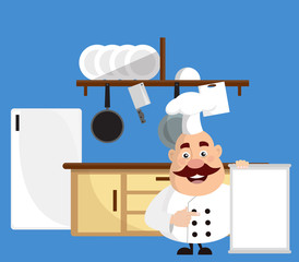 Fat Cartoon Chef in kitchen with menu Flat Vector Illustration Design
