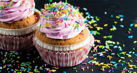 Closeup of cupcakes with vanilla, berries, pink and white cream, chocolate and sprinkles on wooden background. Selective focus. Sweet dessert tasty food concept muffin.