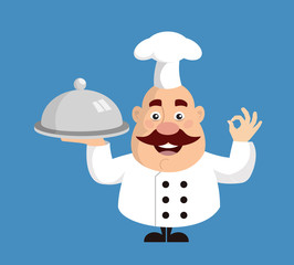 Fat Cartoon Chef ready to serve Flat Vector Illustration Design