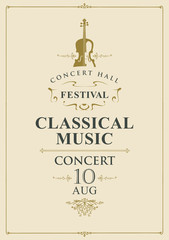 Vector poster for a concert of classical music in vintage style with violin