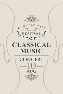 Vector poster for a concert of classical music in vintage style with violins