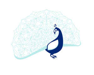 Peacock bird with patterned tail. Flat illustration