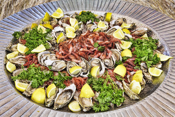 Fish crudités on serving dish with shrimp and oysters garnished with parsley and fresh lemon  -...