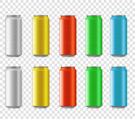 Set of multicolored metal cans with water drops for beverage