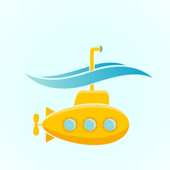 Icon yellow submarine with periscope underwater.