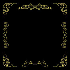 Vector Golden Vintage Frame Template, Black Background and Gold Filigree Swirly Lines, Calligraphic Design Elements.