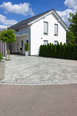 modern house architecture in rural countryside at springtime